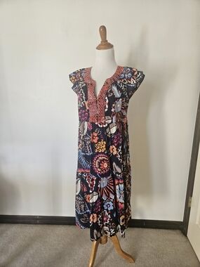 Boden Black Floral Midi Dress with Coral Embroidery